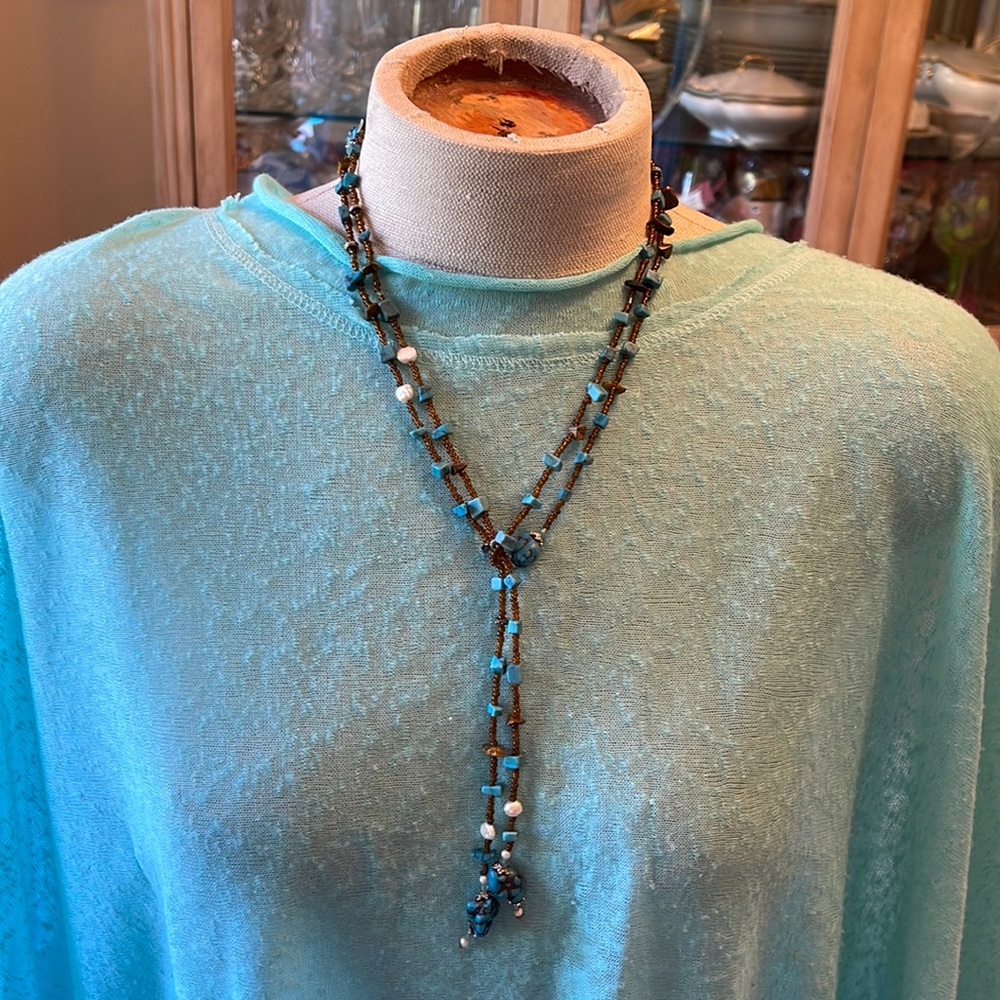 FUN! Lariat Style; Faux Turquoise w/Bronze Beads, Mini Pearls and Silver Decor!